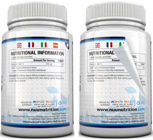 Vitamin K2 MK 7 200mcg - 365 Vegetarian and Vegan Tablets By Nu U Nutrition
