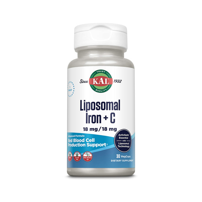 KAL Liposomal Iron Supplement with Liposomal Vitamin C, Iron Supplement for Women and Men, High Absorption, Gentle Iron Pills, Vegan, Gluten Free, 30 Servings, 30 VegCaps