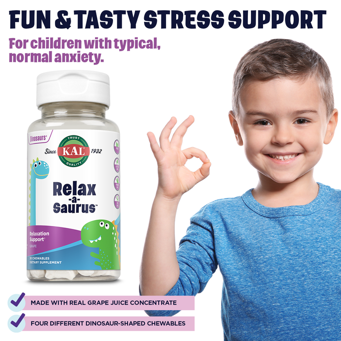 KAL Relax-a-Saurus, Stress Support for Kids , L-Theanine Relaxation Blend for Children , No Sugar, Grape Flavor Chewables , 30 Servings