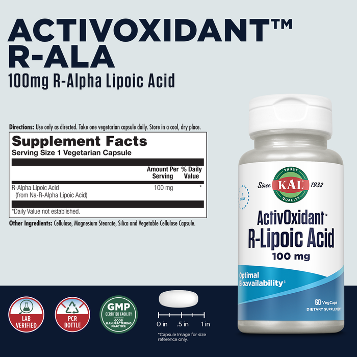 KAL ActivOxidant R Lipoic Acid 100 mg, Antioxidants Supplement, Natural R-Form of Alpha Lipoic Acid (R ALA) for Antioxidant Support, Highly Bioavailable, 60-Day Guarantee, 60 Servings, 60 VegCaps