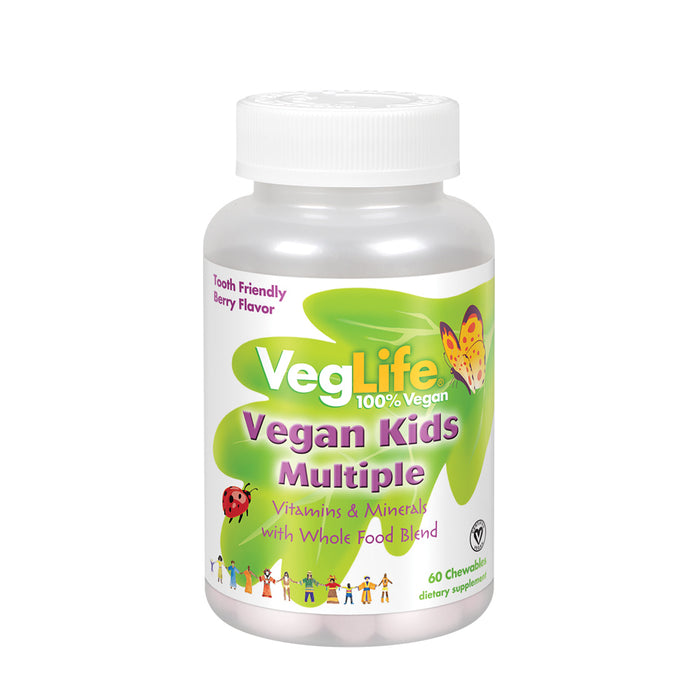 VegLife Vegan Kids Multi, Chewables | Natural Berry Flavor Chewable Multivitamin and Mineral | Whole Food Blend w/ Spirulina | No Added Sugar
