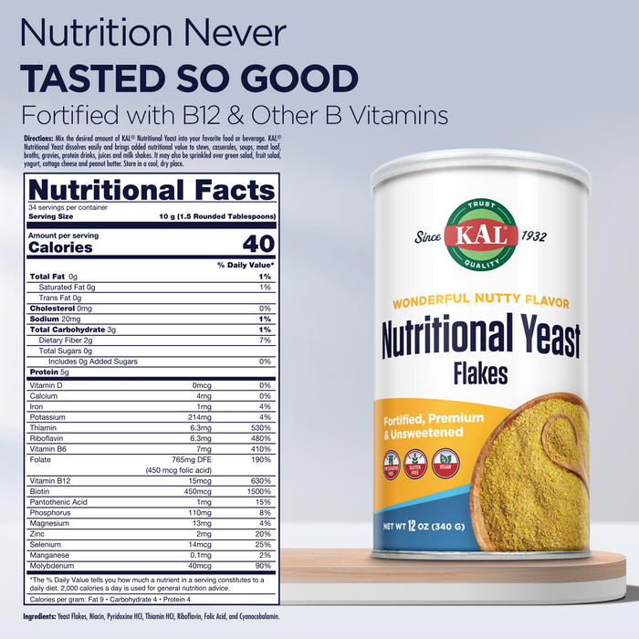 KAL Nutritional Yeast Flakes, Fortified with B12, Folic Acid & Other B Vitamins, Unsweetened, Great Nutty Flavor, Vegan & Gluten Free, 60-Day Money Back Guarantee, Made in the USA (34 Servings, 12oz)