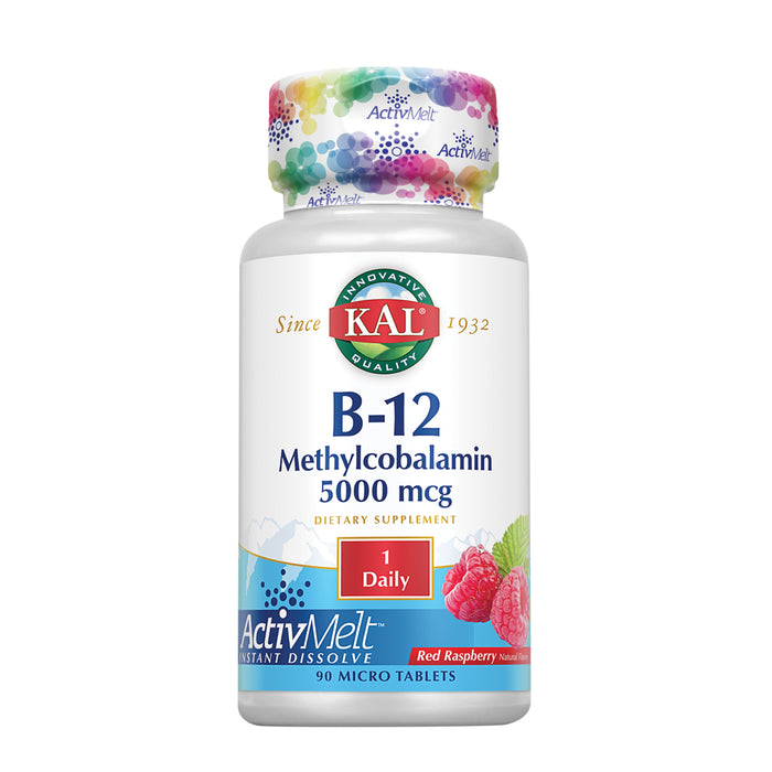 KAL B-12 Methylcobalamin 5000mcg ActivMelt, Raspberry Flavor | Healthy Metabolism, Energy & Red Blood Cell Support, 90ct