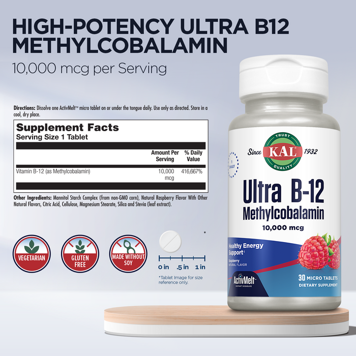KAL Ultra B12 Methylcobalamin 10,000mcg, High Potency Vitamin B-12 for Healthy Energy, Metabolism, Nerve, Red Blood Cell Support,* Natural Raspberry Flavor, Vegetarian, 30 Micro Tablets