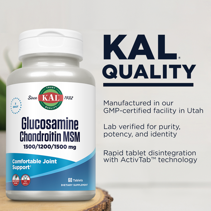 KAL Glucosamine Chondroitin MSM, Joint Support Supplement for Women and Men, 1500mg Glucosamine Sulfate, 1200mg Chondroitin, 1500mg MSM, Rapid Disintegration, 20 Servings, 60 Tablets