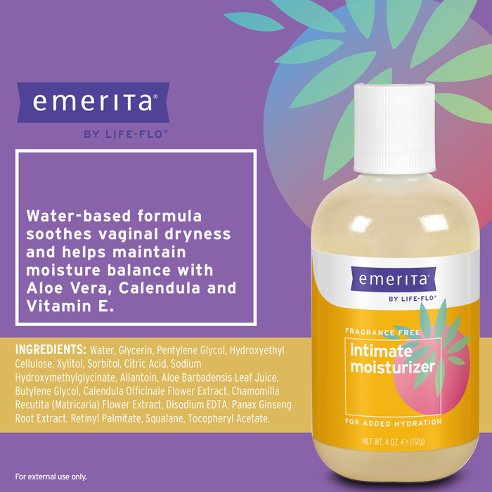 Emerita by Life-Flo Intimate Moisturizer with Aloe Vera, Calendula and Ginseng, Feminine Hygiene Products for Vaginal Dryness and Comfort, Fragrance Free, Made Without Parabens, 60-Day Guarantee, 4oz  (4 fl oz)