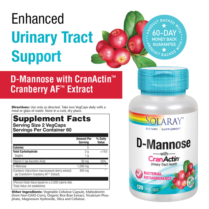 Solaray D-Mannose with CranActin Cranberry Extract 1000mg | For Normal, Healthy Urinary Tract Support | 120 CT | 2 pk