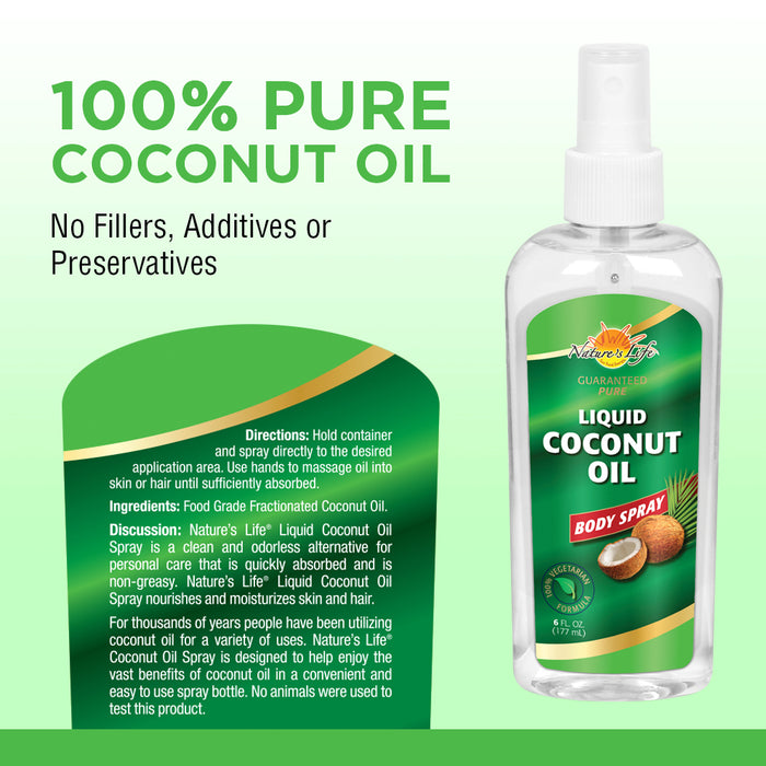 Natures Life Liquid Coconut Oil Body Spray, Pure & Fractionated | Light, Fast-Absorbing Hair & Skin Moisturizer | 6oz