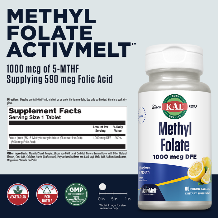 KAL Methyl Folate 1000 mcg, 5-MTHF Active Form, Folic Acid Supplement, Heart Health, Prenatal, Mood and Brain Support, Vegetarian, Natural Lemon ActivMelt, 60-Day Guarantee, 60 Serv, 60 Micro Tablets