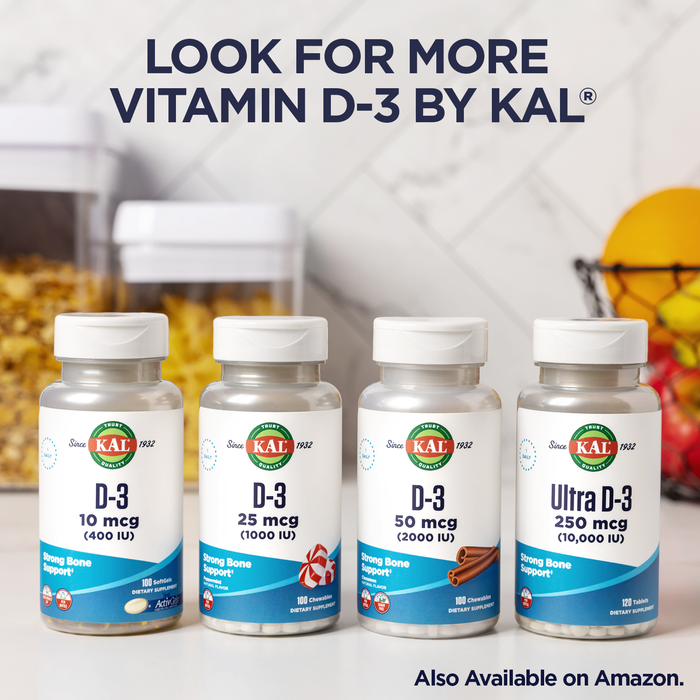 KAL Vitamin D3 5000 IU Chewable Softgels (125 mcg), Active Form Vitamin D, Calcium Absorption, Bone Health, Immune Support Supplement, Natural Lemonade Flavor, 60-Day Guarantee, 120 Serv, 120 Chews