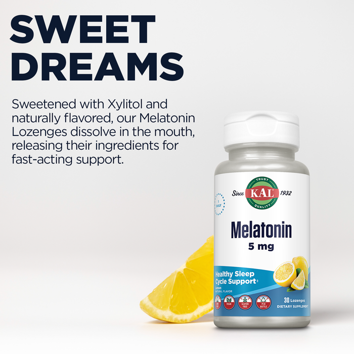 KAL Melatonin 5mg Sleep Aid Lozenges, Melatonin Supplement Supports Sleep Quality and Calming Relaxation with Added Vitamin B6, Vegetarian, Natural Lemon Flavor, 30 Lozenges