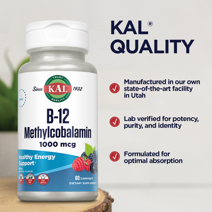 KAL B-12 Methylcobalamin 1000 mcg Micro Lozenges | Natural Berry Flavor | Healthy Metabolism, Energy, Nerve & Red Blood Cell Support | 60 Lozenge