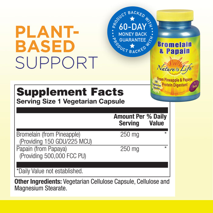 Nature's Life Bromelain & Papain | Proteolytic Enzymes For Digestive Support & Comfort | From Pineapple & Papaya | 250mg (100 CT)