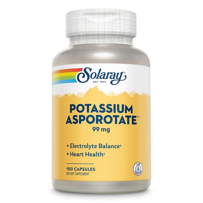 Solaray Potassium Asporotate Chelated Supplement, Electrolyte Balance & Heart Health Support, 100 Servings, 100 Capsules