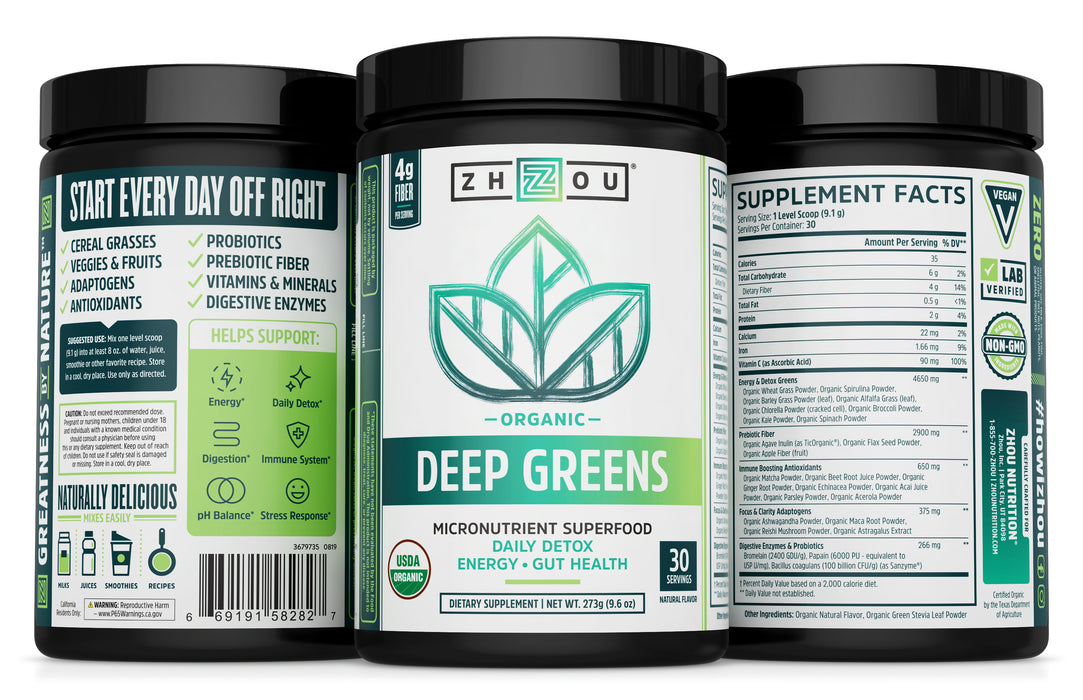 Zhou Deep Greens | Organic | Morning Complete Prebiotic Probiotic Powder | Green Blend of Wheatgrass, Spirulina, and Maca Powder | 9.6 oz, 30 Servings