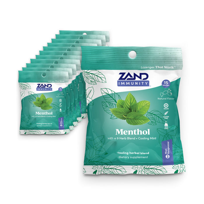 Zand Immunity Menthol HerbaLozenge Cough Drops | Peppermint, Eucalyptus, Herb Blend | No Corn Syrup (12 Bags, 15 Lozenges)