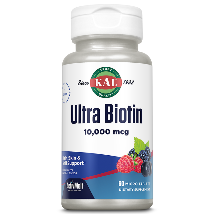 KAL Ultra Biotin 10000mcg ActivMelt, Hair Growth Supplement, High Potency Vitamin B7 for Healthy Hair, Skin, Nails and Energy Support, Vegetarian, Natural Mixed Berry Flavor, 60 Serv, 60 Micro Tablets