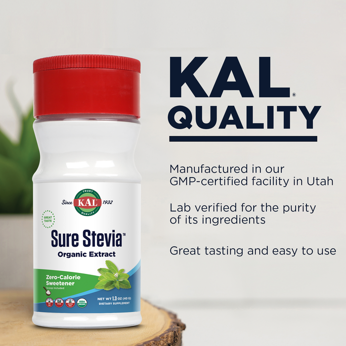 KAL Sure Stevia Extract, Organic Stevia Powder, Low Carb, Zero Calorie Sweetener, Keto Friendly, Great Taste, Low Glycemic, Vegan, Gluten Free, No Fillers, 60-Day Guarantee ( Approx. 690 Servings, 1.3oz)