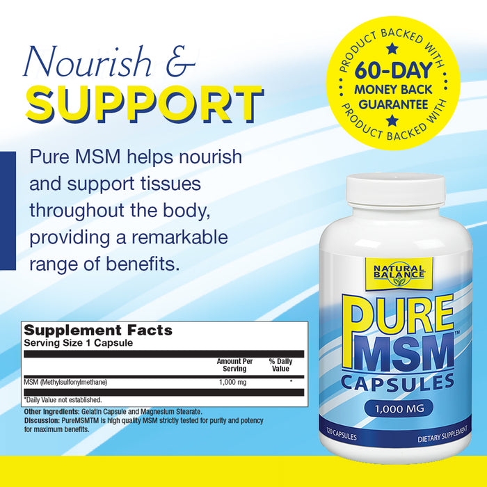 Natural Balance Pure MSM Capsules | Sulfur Supplement Helps Supports Joint Comfort, Collagen & Keratin Production | 120 Count