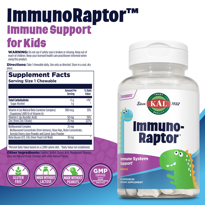KAL ImmunoRaptor Kids Immune Support Chewables, Vitamin C and Zinc for Healthy Cell Function, Dinosaur Shaped, Orange Flavor, Gluten, Lactose, and Peanut-Free, Sweetened with Xylitol, 60 Servings