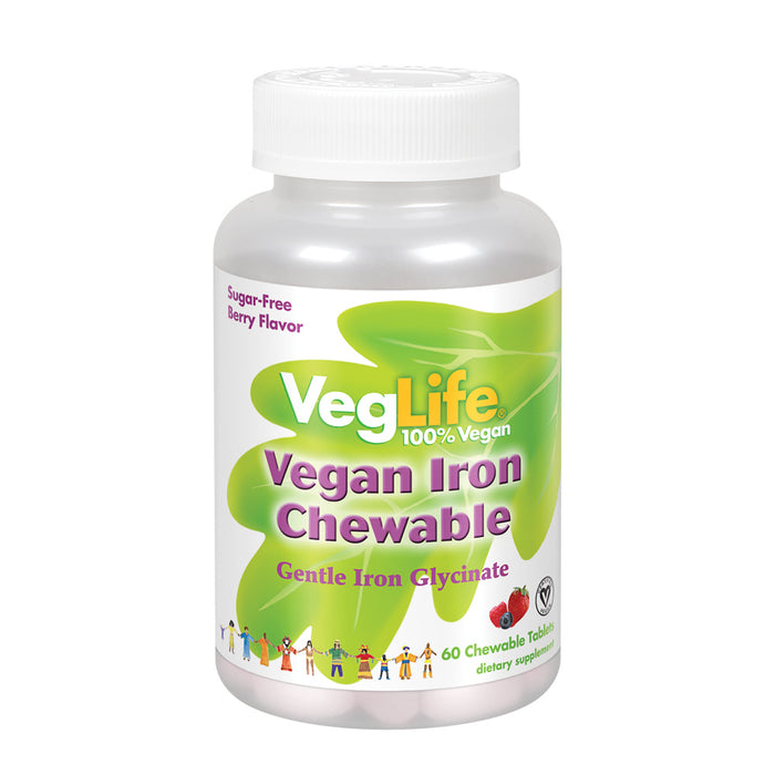 VegLife Iron, Vegan Chewables 18mg | Iron Glycinate For Gentle Digestion & Fast Absorption | Berry Flavor | Vegan, No Sugar | 60 Tablets