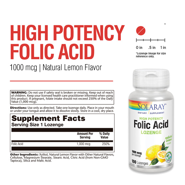 Solaray High Potency Folic Acid Lozenge 1000 mcg | Healthy Prenatal Support & More | Natural Lemon Flavor | 100 Lozenges
