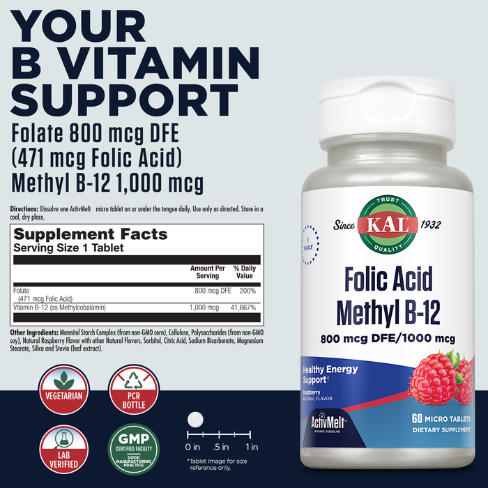 KAL Folic Acid Methyl B12 Supplement, Energy, Metabolism and Heart Health Support, w/ Folate 800 mcg and Methylcobalamin B12 1000 mcg, Vegetarian, Natural Raspberry ActivMelts, 60 Serv, 60 Micro Tabs