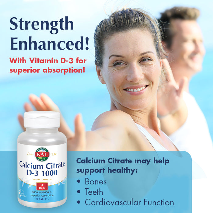 KAL Calcium Citrate D-3 1000 | Healthy Teeth & Bone Support | High Potency & Superior Absorption | Lab Verified | 90 Tablets