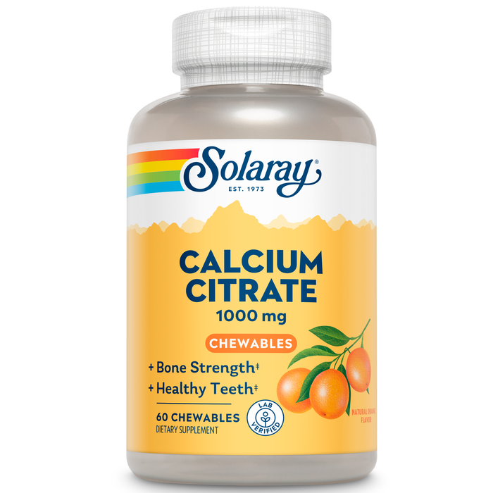 Solaray Calcium Citrate 1000 mg, Natural Orange Flavor Chelated Calcium Supplement for Bone Strength, Teeth, Nerve, Muscle, and Heart Function Support, 60-Day Guarantee, 15 Servings, 60 Chewables