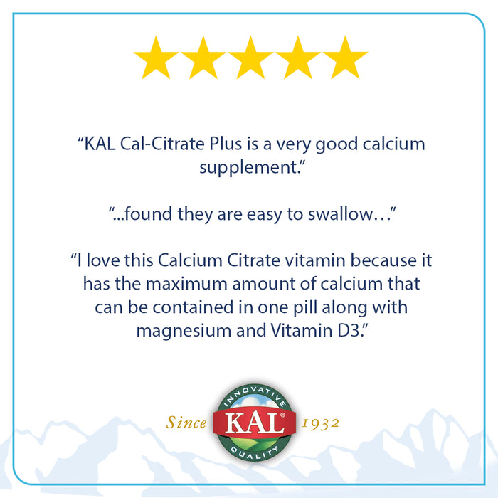 KAL Cal-Citrate Plus 1000mg | Blend of Calcium Citrate, Magnesium and Vitamin D-3 | For Healthy Bones & Teeth | No Gluten & Non-GMO | 60 Tablets