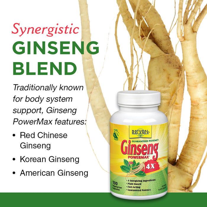 Natural Balance Super Ginseng PowerMax 4X | Fast-Acting, Energizing Blend of Red Chinese, Korean & American Ginseng Plus Eleuthero | 100 Capsules