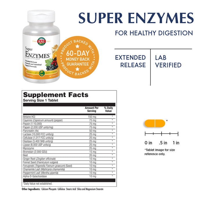 KAL Super Enzymes - Digestive Enzymes Tablets - Gut Health Supplements with Betaine HCl, Bromelain, Papaya Enzyme, Peppermint and Ginger, Gluten Free, Vegan, 60-Day Guarantee, 60 Servings, 60 Tablets
