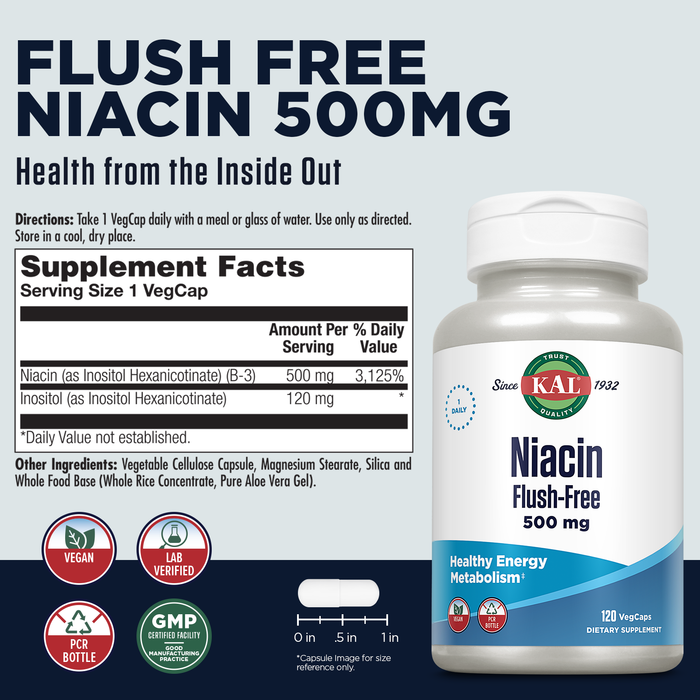 KAL Niacin 500mg Flush Free - Vitamin B3 Supplement - Metabolism and Energy Support - Skin, Nerve, Digestive Health and Circulation Support - Vegan Vitamin, 60-Day Guarantee, 120 Servings, 120 VegCaps