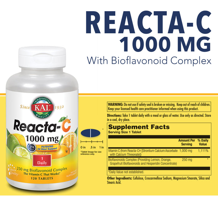 KAL Reacta-C Vitamin C 1000mg with Bioflavonoids | Patented All Day Immune Support | Non-Acidic | 120 Tablets, 120 Serv.