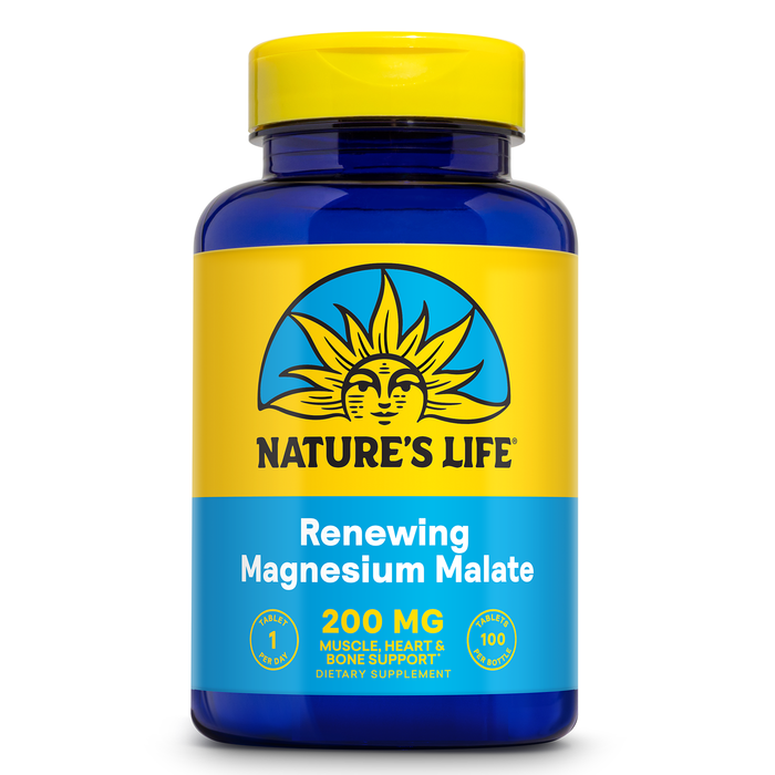 Nature's Life Renewing Magnesium Malate 200 mg - Once Daily Magnesium Supplement for Muscle and Nerve Function, Heart Health, Bone Support - Maximum Absorption, 60-Day Guarantee, 100 Serv, 100 Tablets