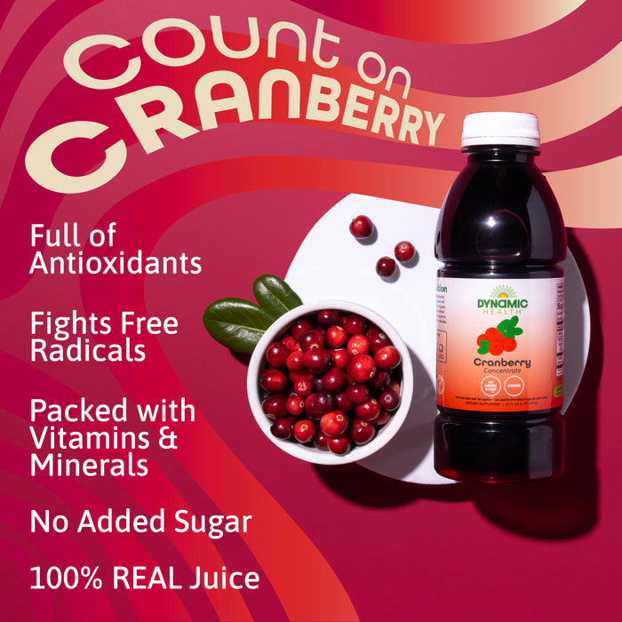 Dynamic Health Pure Cranberry Unsweetened 100% Juice Concentrate, Natural Antioxidant Supplement, No Additives, No Added Sugar, No Preservatives, 16 Servings, 16oz