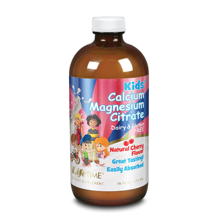 Lifetime Kids Calcium Magnesium Citrate | Support Bone, Muscle & Teeth Health | Easy Absorption, Dairy & No Gluten | Cherry Flavor | 16 FL oz