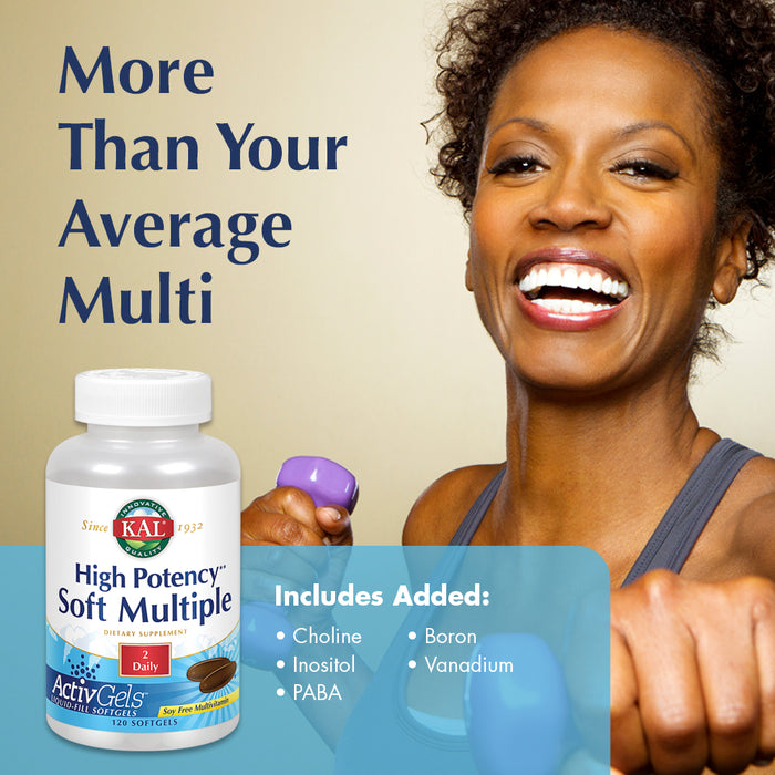 KAL High Potency Soft Multiple ActivGels | Soft Gel Multivitamins for Men & Women | Rice Bran Oil Base | No Soy | Easy to Swallow | 240 Softgels