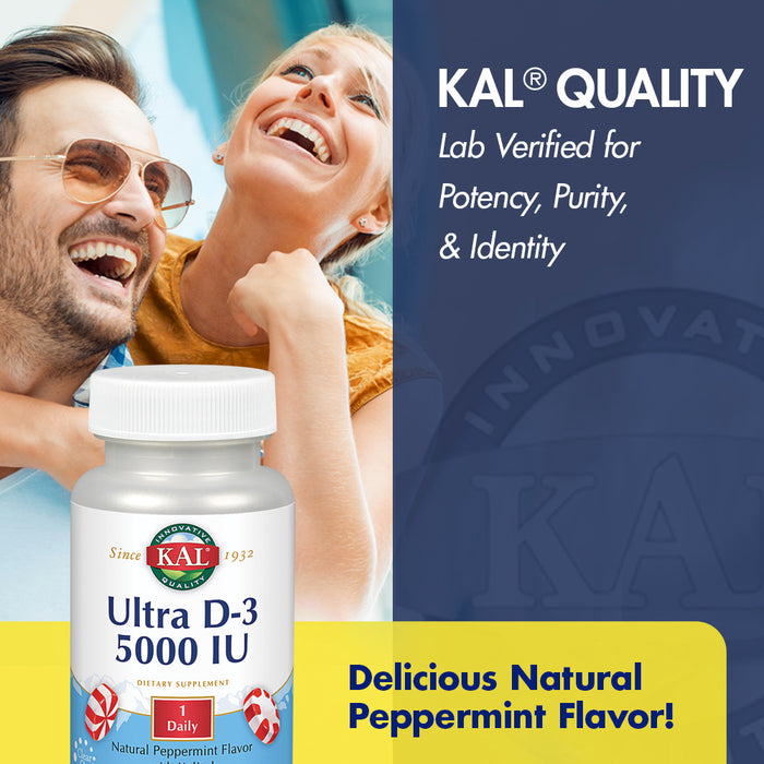 KAL Vitamin D3 5000 IU 125 mcg, High Potency Vitamin D Chewables, Calcium Absorption, Bone Health and Immune Support Supplement, Natural Peppermint Flavor, 60-Day Guarantee, 60 Servings, 60 Chews