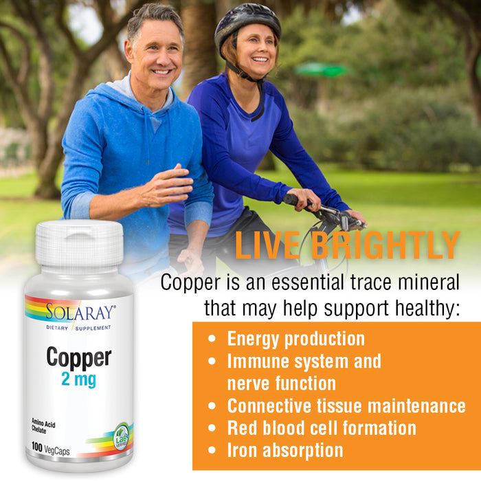 Solaray Copper 2 mg | Healthy Red Blood Cell Formation, Immune and Nerve Function Support | Non-GMO | 100ct
