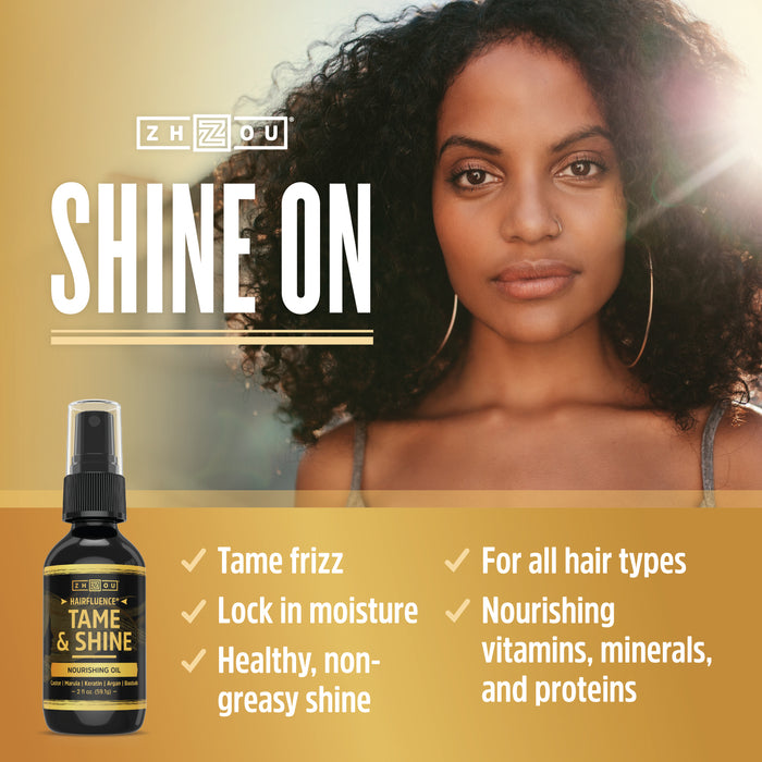 Zhou Hairfluence Tame & Shine Hair Oil for Frizz-Free Healthy Shine | Scientifically Formulated Hair Oil Serum & Detangler with Keratin, Biotin, Argan, Baobab, Marula, Castor Oils | 2 oz