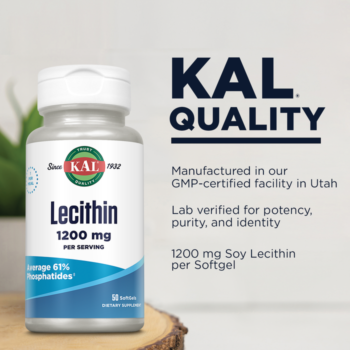 KAL Lecithin 1200mg, Heart Health and Brain Health Supplement, Cellular Health Support with Linoleic Acid and Other Fatty Acids, Average 61% Phosphatides, 60-Day Guarantee, 50 Servings, 50 Softgels