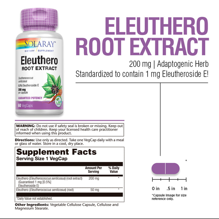 Solaray Eleuthero 200 mg | Adaptogen for Healthy Stress, Stamina & Mental Alertness Support | 60 VegCaps
