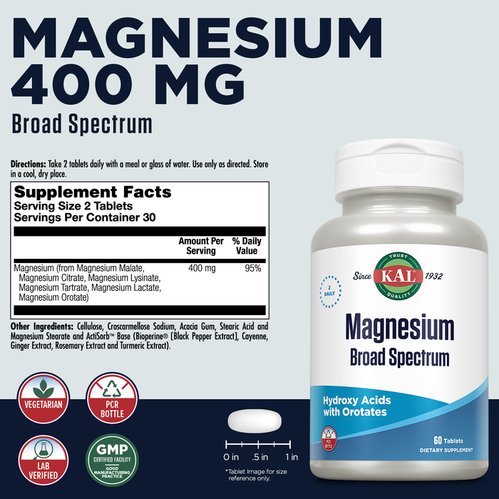 KAL Magnesium 400 mg Broad Spectrum Supplement - Chelated Magnesium Citrate, Malate, Lysinate, Tartrate, Lactate, Orotate Complex for Better Absorption - Vegetarian, 60 Tablets, 30 Servings