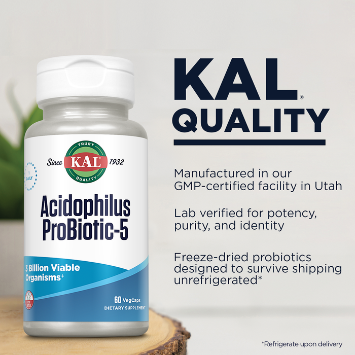 KAL Acidophilus ProBiotic 5, 3 Billion CFUs, Live Culture Probiotics for Women and Men, Five Probiotic Strains for Gut Health Support, Freeze Dried, 60-Day Guarantee, 100 Servings, 100 VegCaps