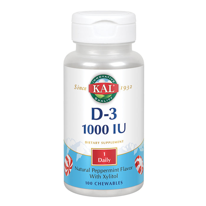 KAL Vitamin D3 1000 IU 25 mcg, Vitamin D Chewables, Calcium Absorption, Bone Health and Immune Support Supplement, Natural Peppermint Flavor, Sweetened with Xylitol, 100 Servings, 100 Chews