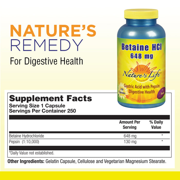 Nature's Life Betaine HCL Supplement | Digestion Support Formula | Non-GMO | 648 mg 100 Gelatin Caps