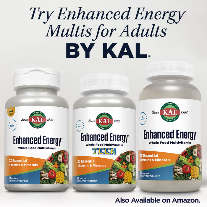 KAL Teens Enhanced Energy Supplements - Once Daily Whole Food Multivitamin w/ Iron - 23 Vitamins and Minerals - Brain and Immune Support w/ Super Foods - Vegetarian, 60-Day Guarantee, 60 Serv, 60 Tabs