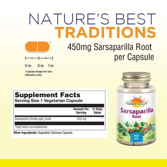 Natures Life Sarsaparilla Root 450 | Energy and Mood Support | Joint and Skin Health Formula, Non-GMO, 100ct, 100 Serv.