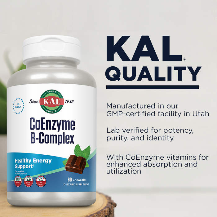 KAL CoEnzyme Vitamin B Complex, Chewable B Vitamins for Healthy Energy, Red Blood Cell and Nerve Function Support w/ Vitamin B12, B6, Folic Acid, Natural Cocoa Mint, Vegan, Sugar Free, 30 Serv, 60ct